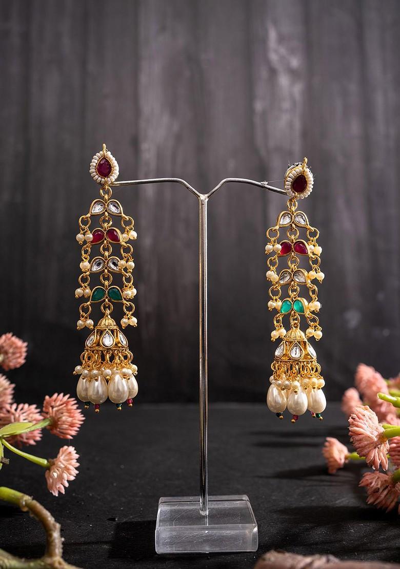Gold Plated Artificial Stones Studded And Beaded Contemporary Shaped Drop Earrings