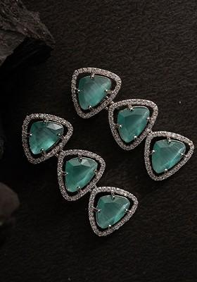 Silver Silver Plated Stones Studded Triangular Shaped Drop Earrings