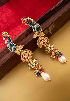 Gold Plated Artificial Stones Studded And Beaded Peacock Shaped Drop Earrings