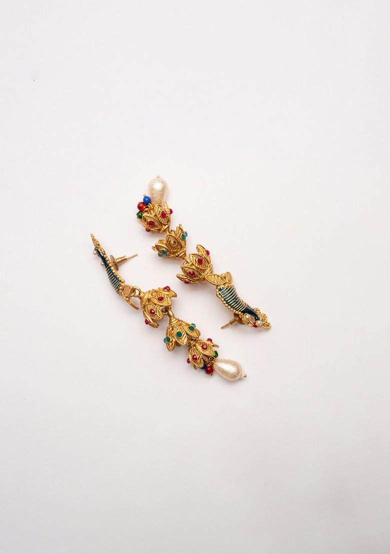 Gold Plated Artificial Stones Studded And Beaded Peacock Shaped Drop Earrings