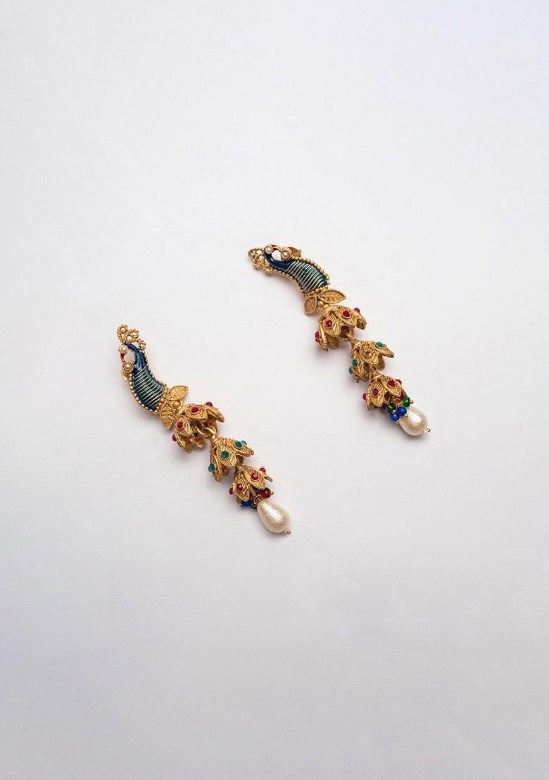 Gold Plated Artificial Stones Studded And Beaded Peacock Shaped Drop Earrings