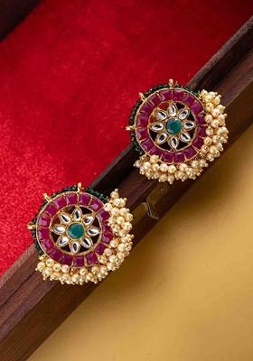 Pink Gold Plated Artificial Stones Studded And Beaded Circular Shaped Studs