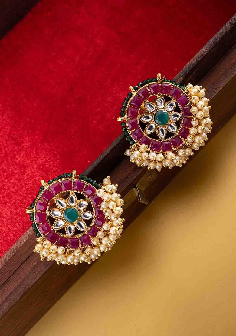 Pink Gold Plated Artificial Stones Studded And Beaded Circular Shaped Studs