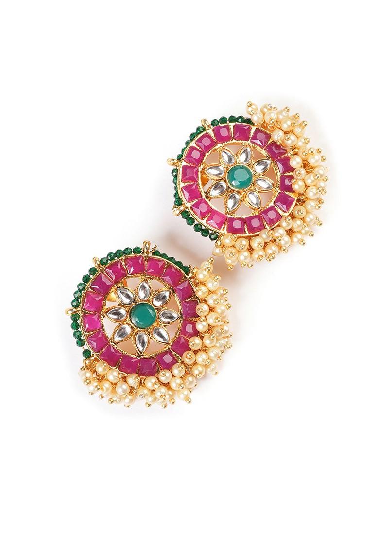 Pink Gold Plated Artificial Stones Studded And Beaded Circular Shaped Studs