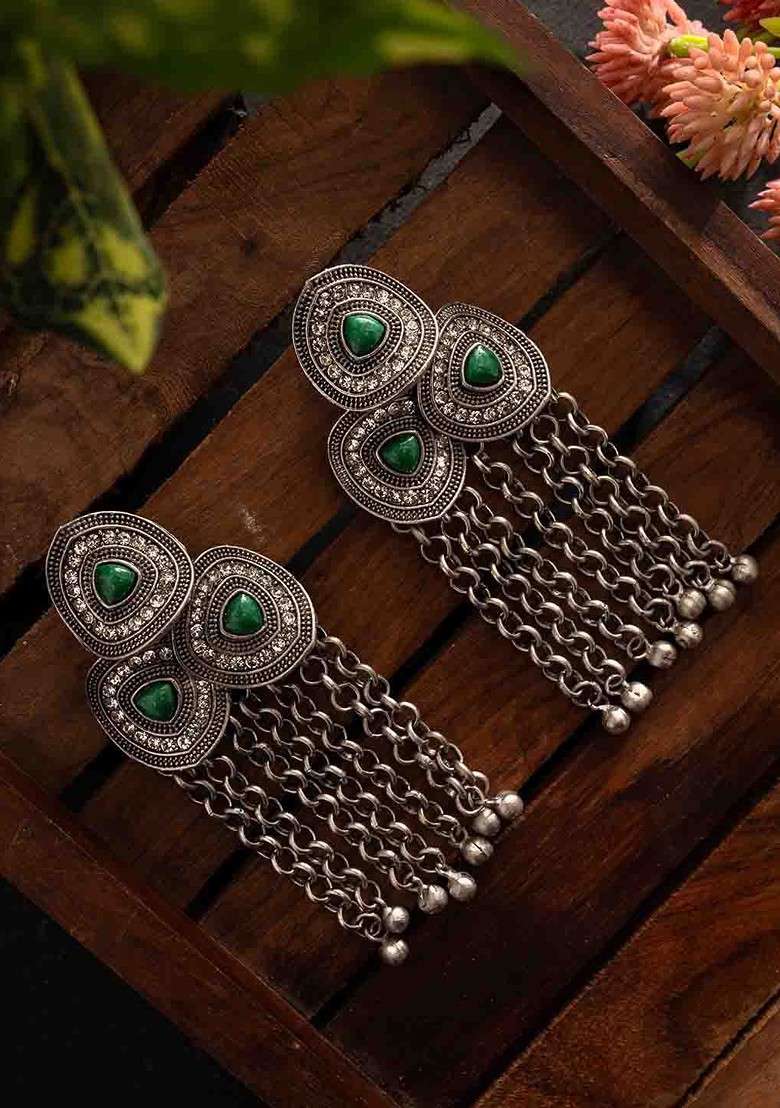 Silver Silver Plated Stones Studded And Beaded Contemporary Shaped Oxidized Drop Earrings - Indya
