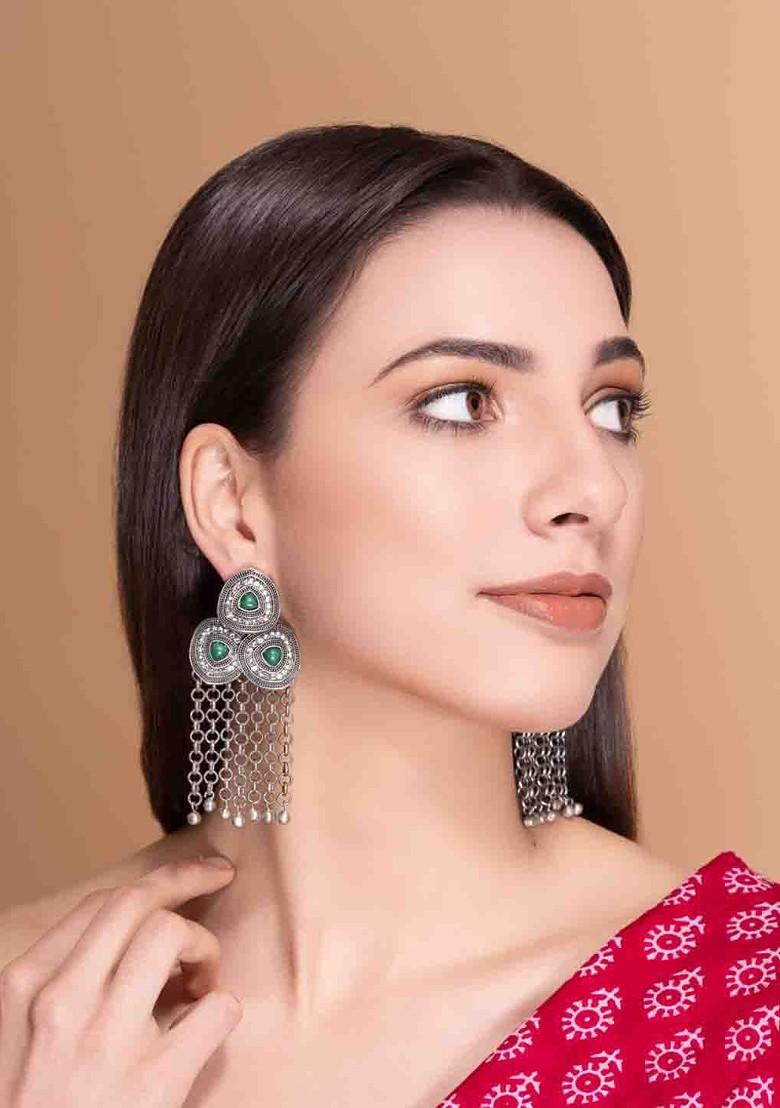 Silver Silver Plated Stones Studded And Beaded Contemporary Shaped Oxidized Drop Earrings