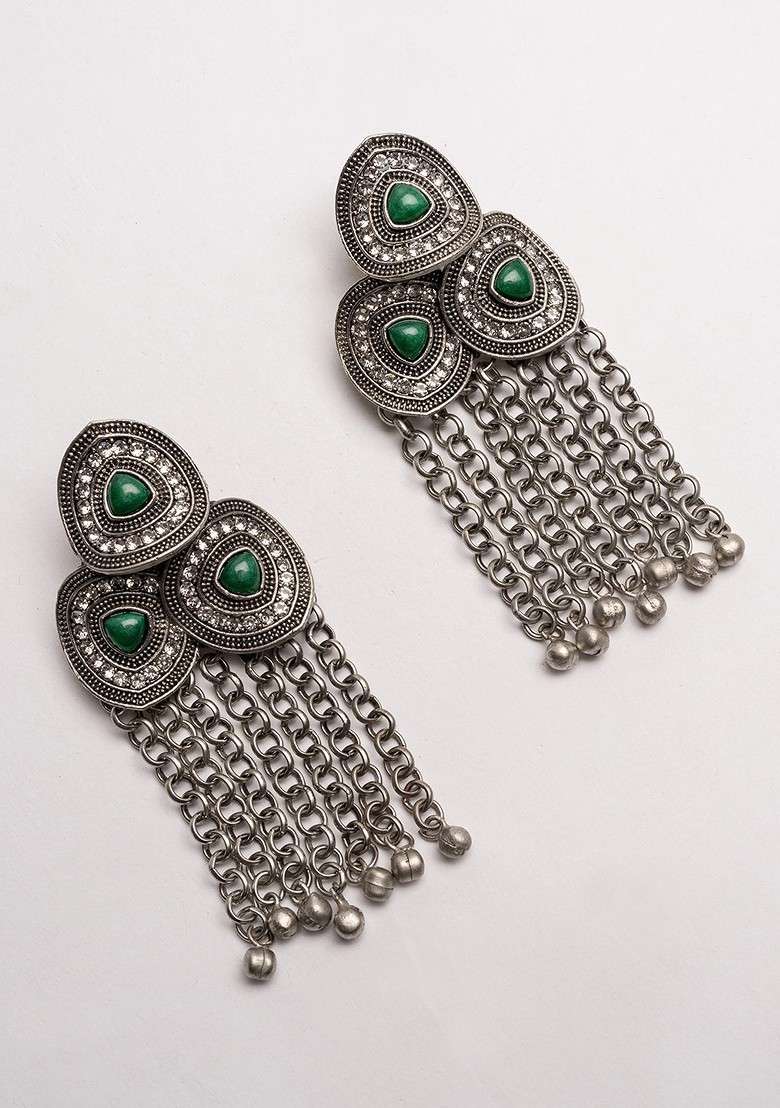 Silver Silver Plated Stones Studded And Beaded Contemporary Shaped Oxidized Drop Earrings - Indya