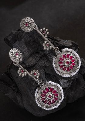 Silver Silver Plated Stones Studded Contemporary Shaped Oxidized Drop Earrings