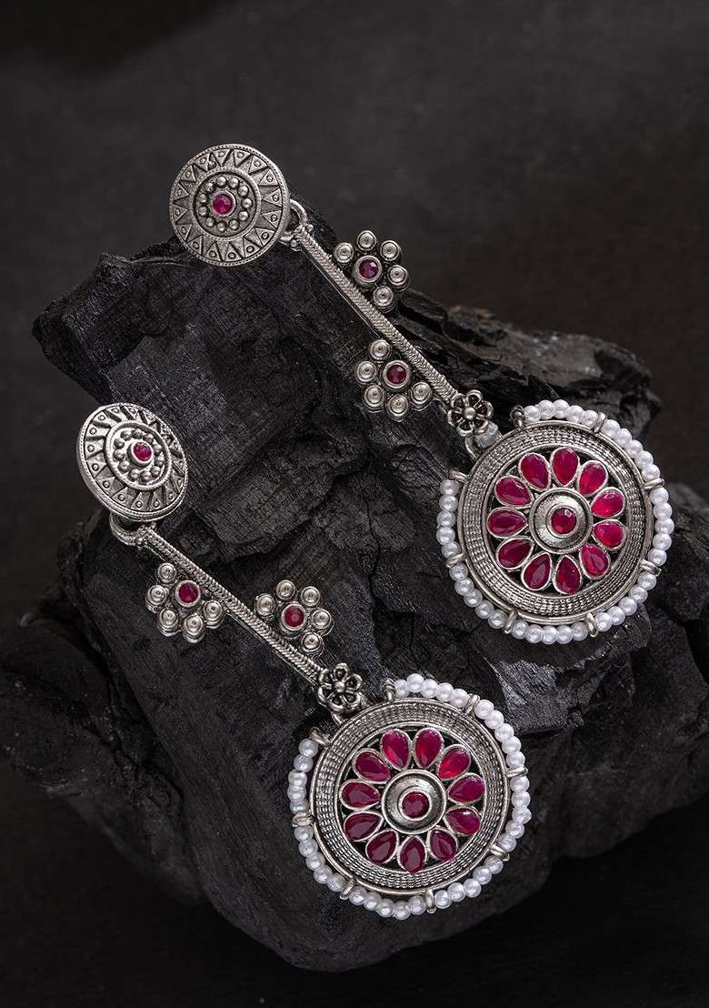 Silver Silver Plated Stones Studded Contemporary Shaped Oxidized Drop Earrings - Indya
