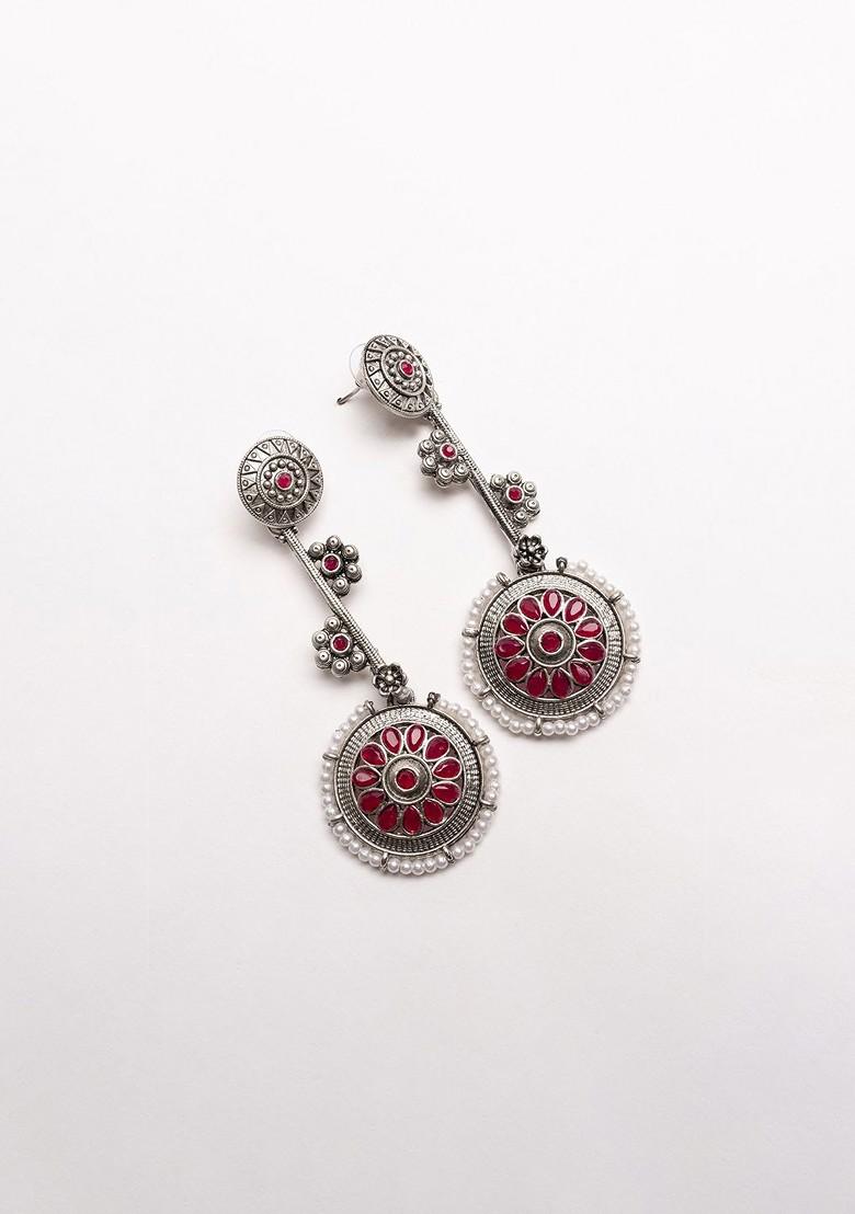 Silver Silver Plated Stones Studded Contemporary Shaped Oxidized Drop Earrings