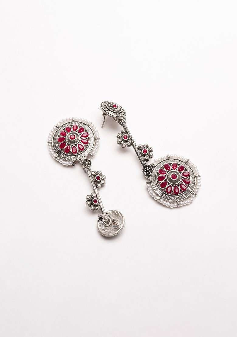 Silver Silver Plated Stones Studded Contemporary Shaped Oxidized Drop Earrings - Indya