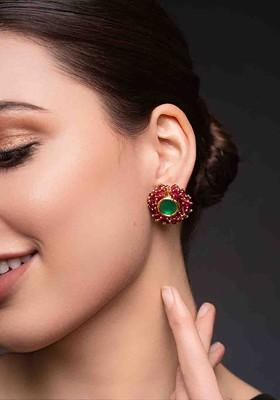 Gold Plated Stones Studded And Beaded Circular Shaped Studs