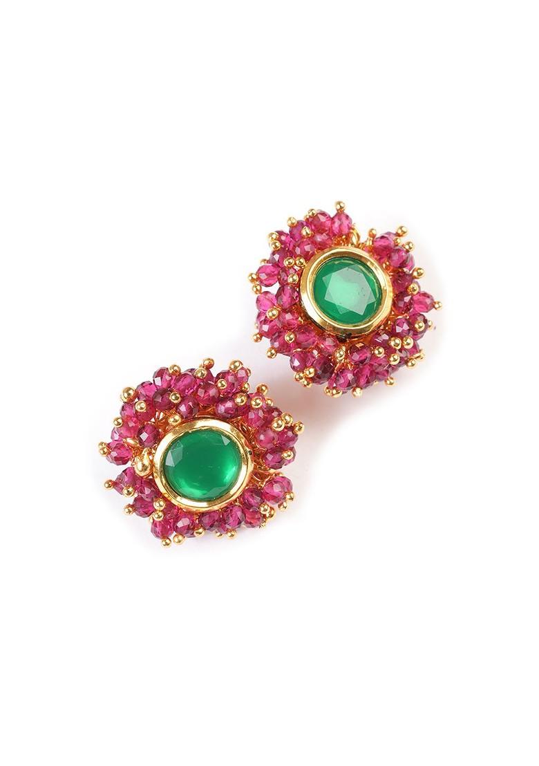 Gold Plated Stones Studded And Beaded Circular Shaped Studs