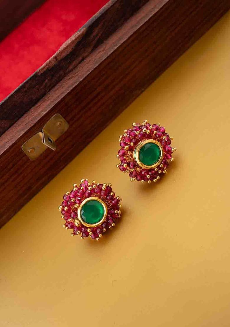 Gold Plated Stones Studded And Beaded Circular Shaped Studs