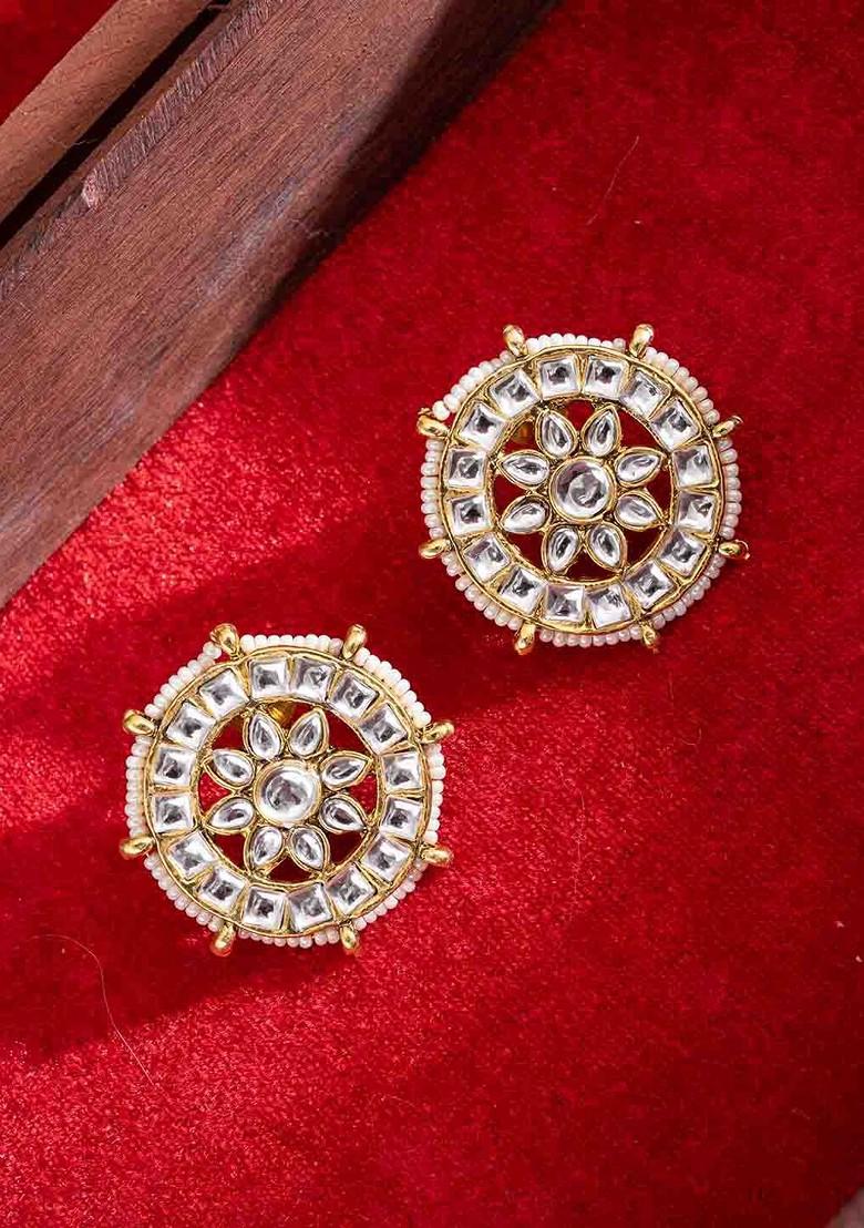 Gold Plated Artificial Stones Studded And Beaded Circular Shaped Studs