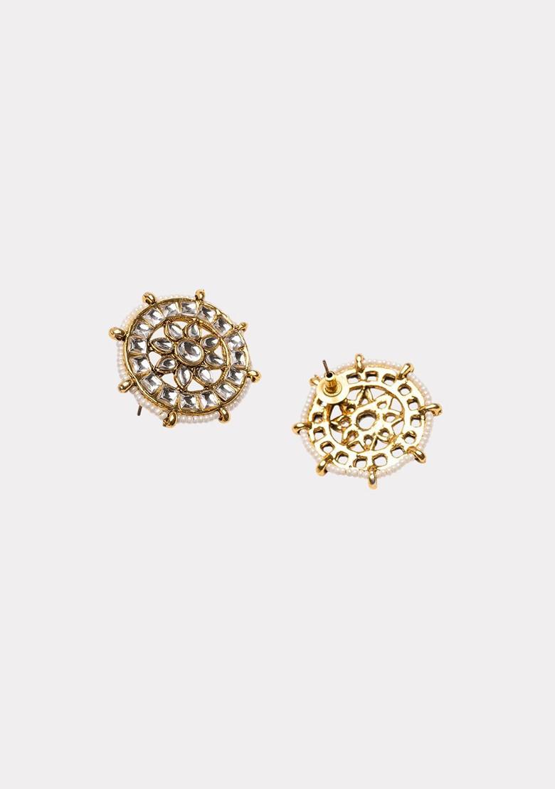Gold Plated Artificial Stones Studded And Beaded Circular Shaped Studs
