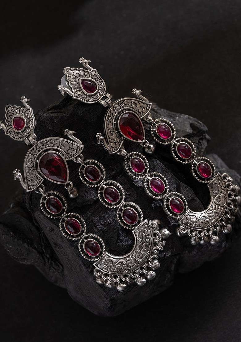 Silver Silver Plated Stones Studded And Beaded Contemporary Shaped Oxidized Drop Earrings - Indya