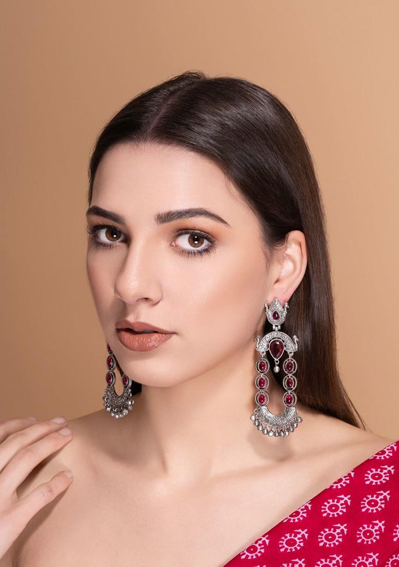 Silver Silver Plated Stones Studded And Beaded Contemporary Shaped Oxidized Drop Earrings