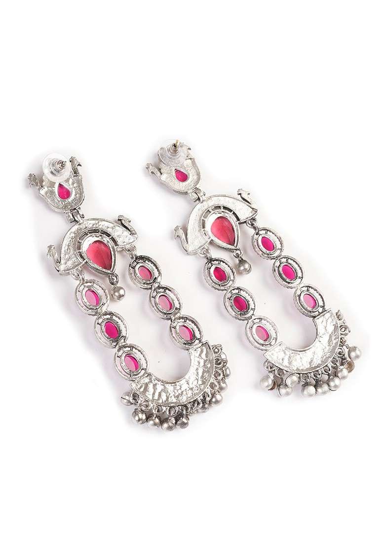 Silver Silver Plated Stones Studded And Beaded Contemporary Shaped Oxidized Drop Earrings - Indya