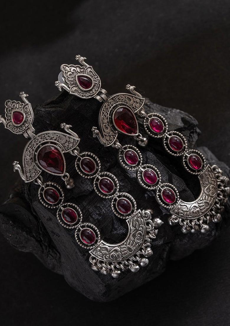 Silver Silver Plated Stones Studded And Beaded Contemporary Shaped Oxidized Drop Earrings