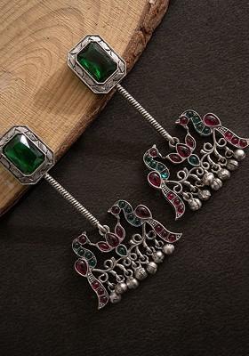 Silver Silver Plated Artifical Stones Studded Contemporary Shaped Oxidised Drop Earrings