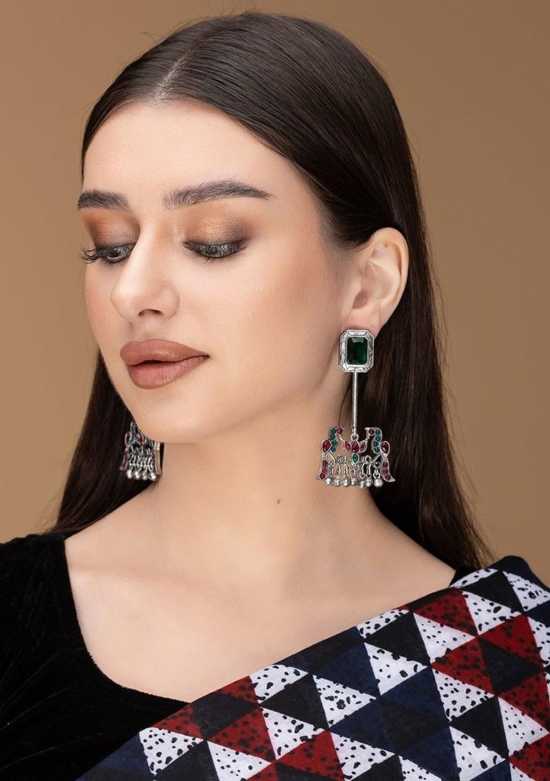 Silver Silver Plated Artifical Stones Studded Contemporary Shaped Oxidised Drop Earrings