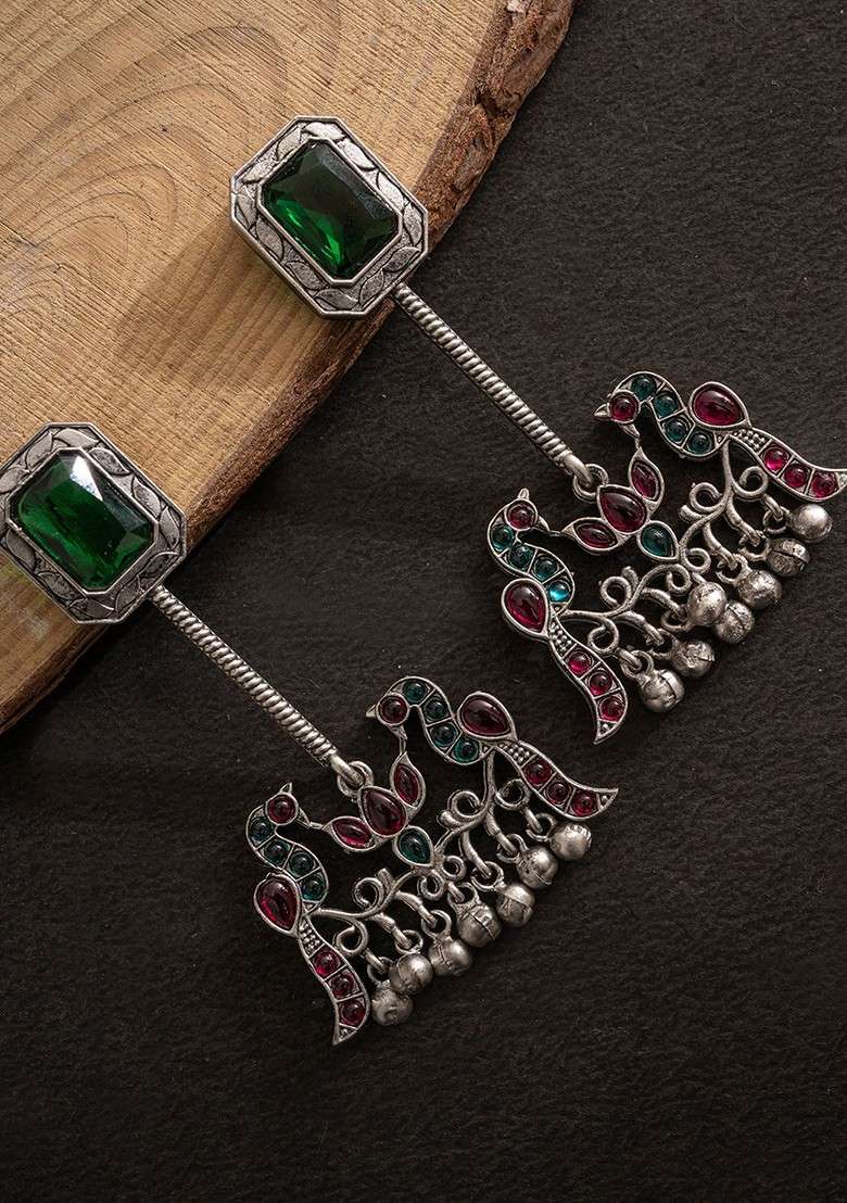 Silver Silver Plated Artifical Stones Studded Contemporary Shaped Oxidised Drop Earrings - Indya