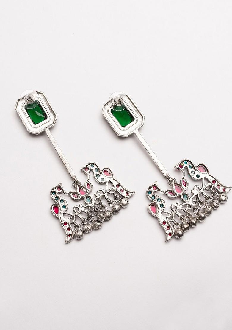 Silver Silver Plated Artifical Stones Studded Contemporary Shaped Oxidised Drop Earrings