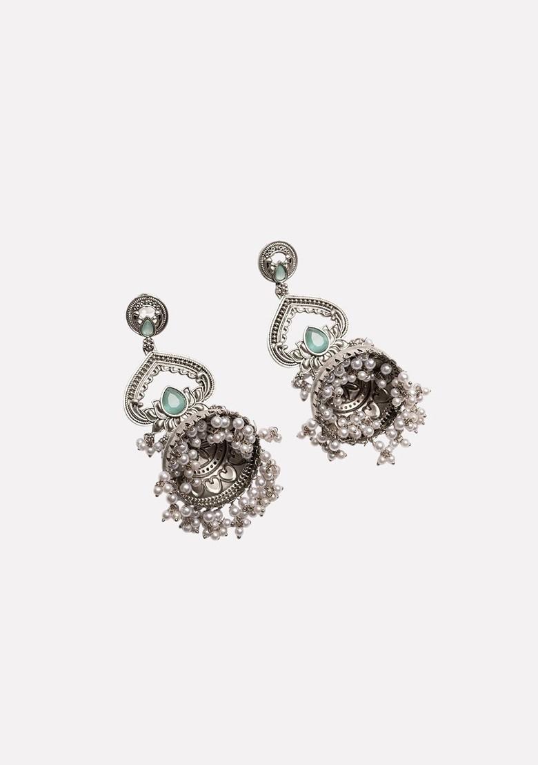 Silver Silver Plated Artifical Stones Studded And Beaded Dome Shaped Oxidised Drop Earrings