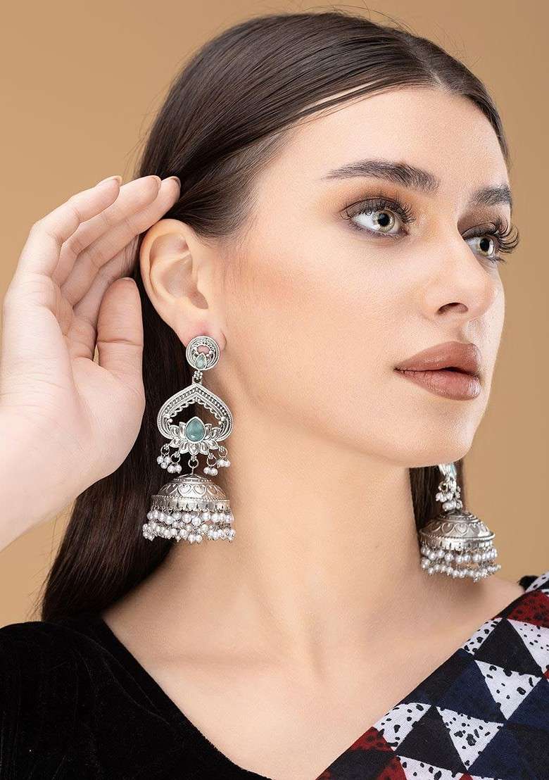 Silver Silver Plated Artifical Stones Studded And Beaded Dome Shaped Oxidised Drop Earrings - Indya