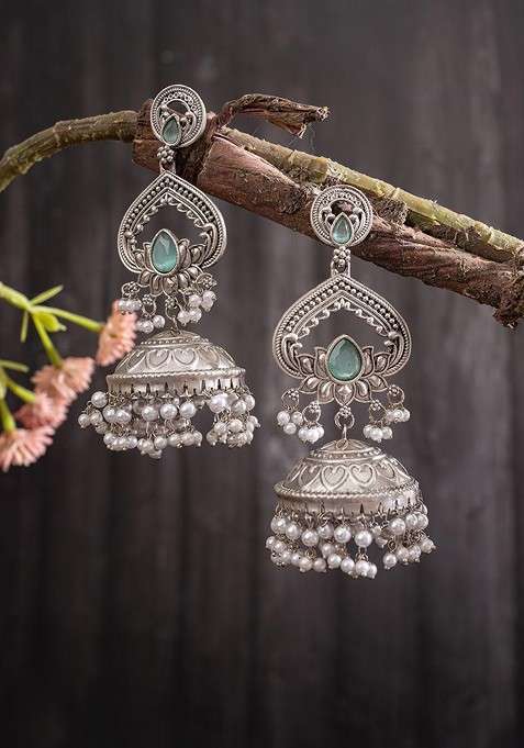 Silver Silver Plated Artifical Stones Studded And Beaded Dome Shaped Oxidised Drop Earrings