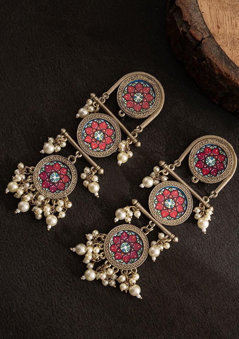 Silver Silver Plated Beaded Circular Shaped Oxidised Drop Earrings