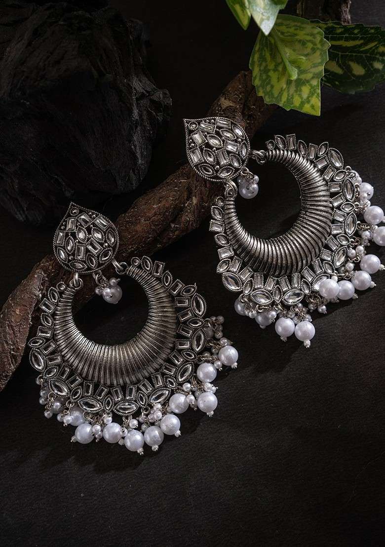 Silver Silver Plated Stones Studded And Beaded Crescent Oxidised Chandbalis - Indya
