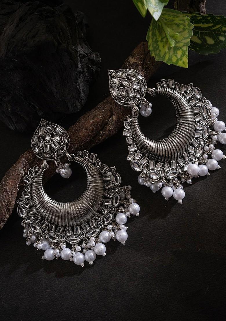 Silver Silver Plated Stones Studded And Beaded Crescent Oxidised Chandbalis