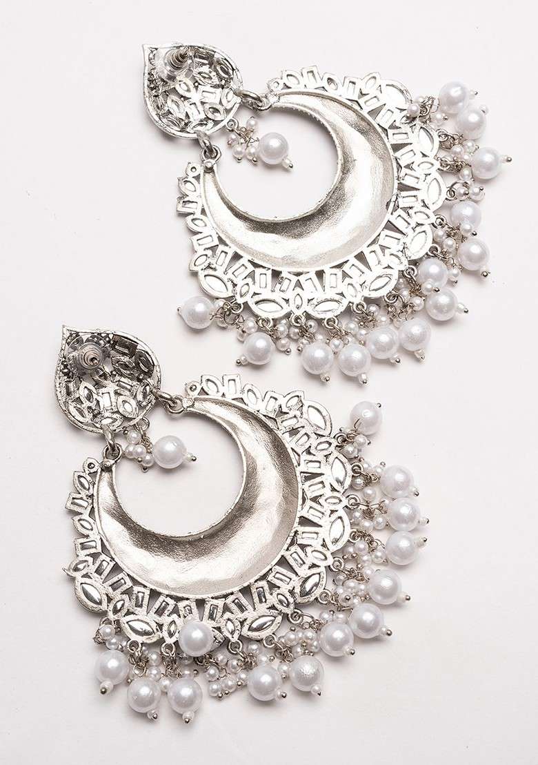Silver Silver Plated Stones Studded And Beaded Crescent Oxidised Chandbalis - Indya
