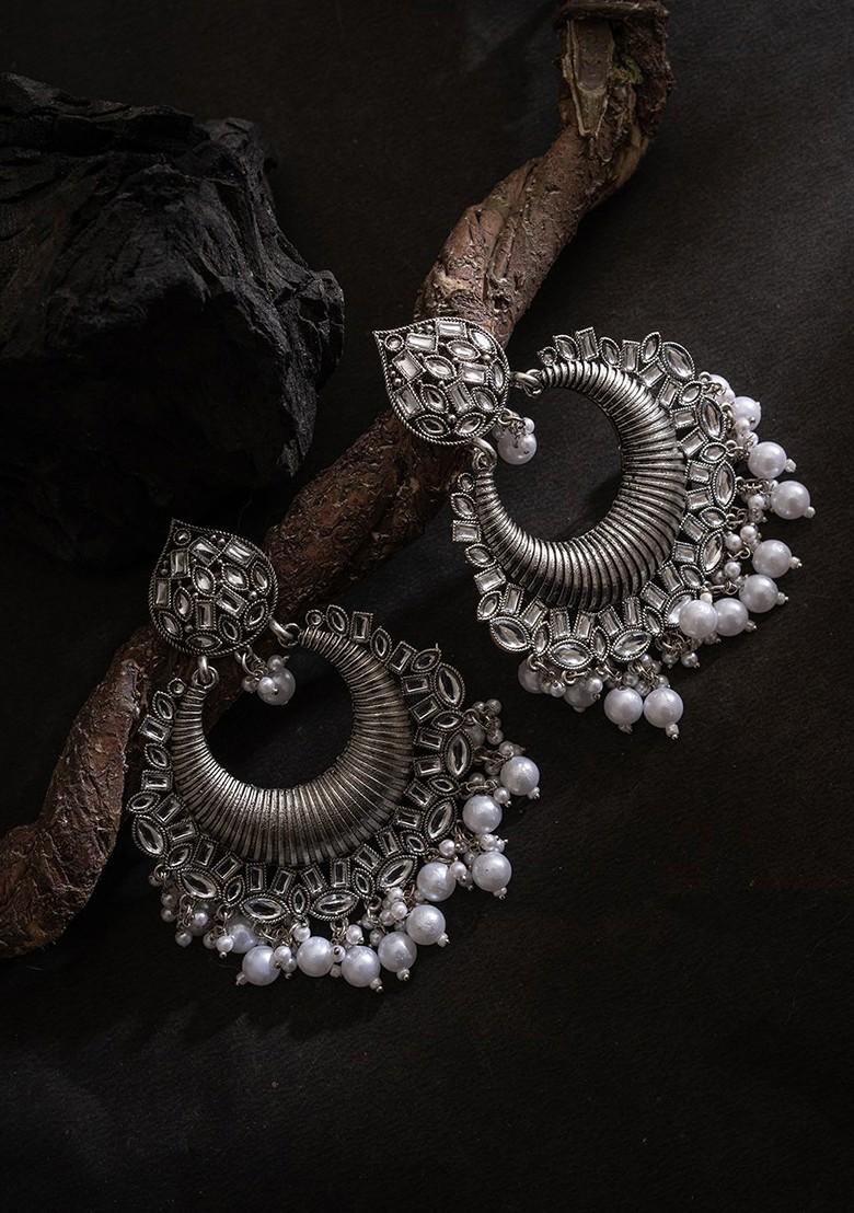 Silver Silver Plated Stones Studded And Beaded Crescent Oxidised Chandbalis