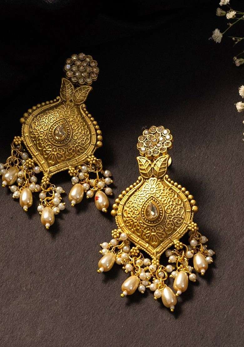 Gold Plated Artificial Stones Studded And Beaded Floral Shaped Drop Earrings - Indya