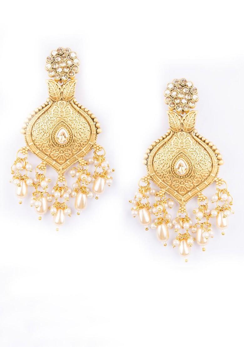 Gold Plated Artificial Stones Studded And Beaded Floral Shaped Drop Earrings