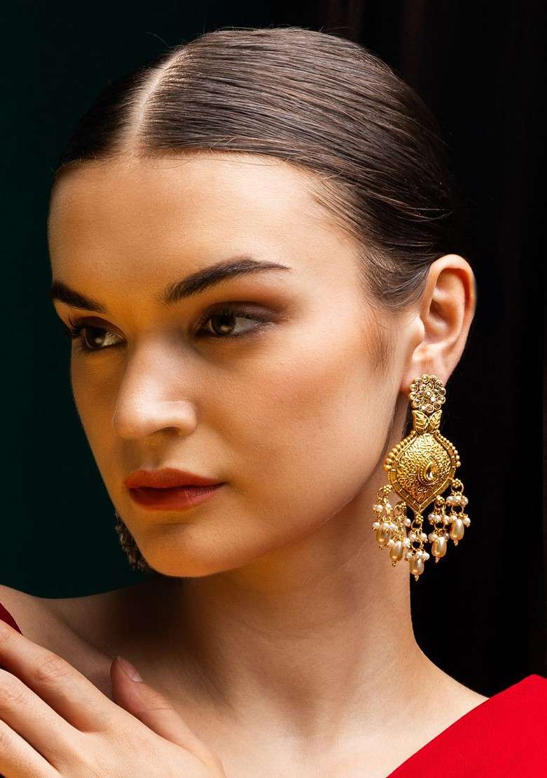 Gold Plated Artificial Stones Studded And Beaded Floral Shaped Drop Earrings - Indya