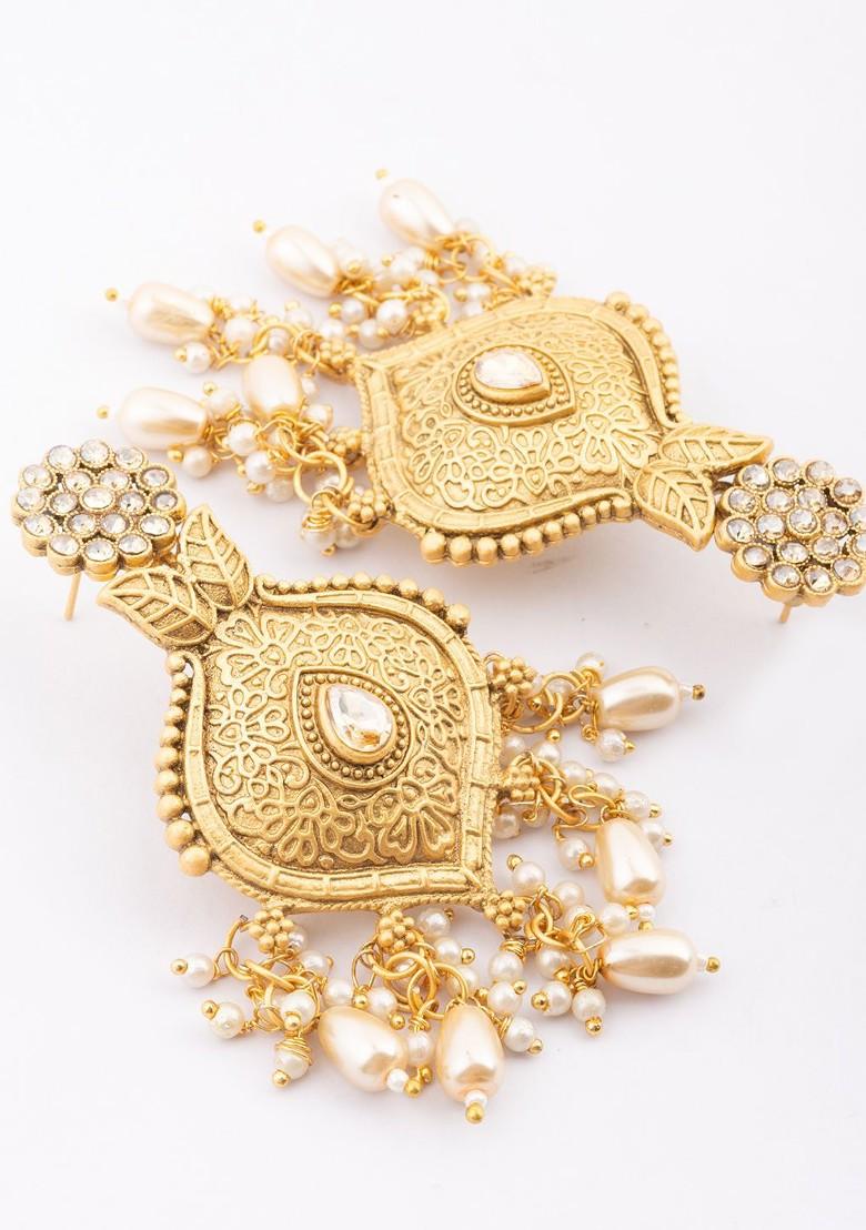 Gold Plated Artificial Stones Studded And Beaded Floral Shaped Drop Earrings