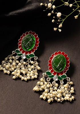 Silver Silver Plated Artificial Stone Studded And Beaded Oval Shaped Drop Earrings