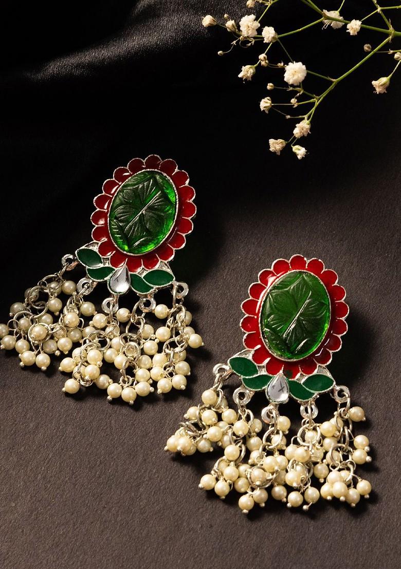 Silver Silver Plated Artificial Stone Studded And Beaded Oval Shaped Drop Earrings