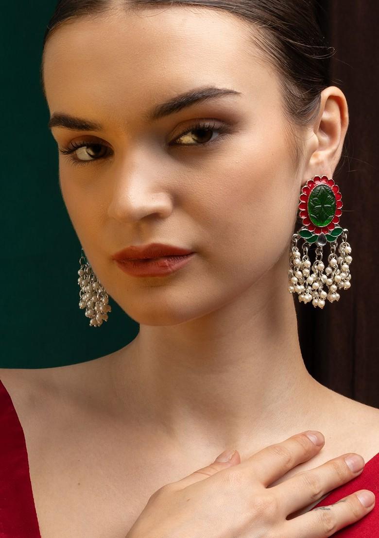 Silver Silver Plated Artificial Stone Studded And Beaded Oval Shaped Drop Earrings