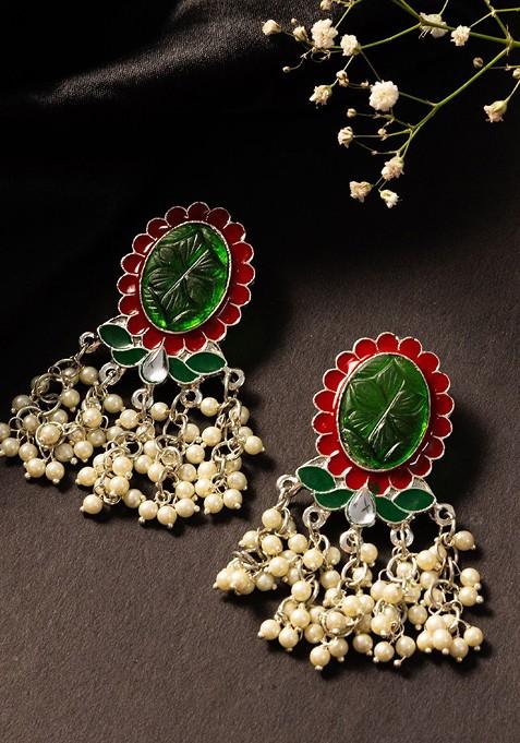 Silver Silver Plated Artificial Stone Studded And Beaded Oval Shaped Drop Earrings