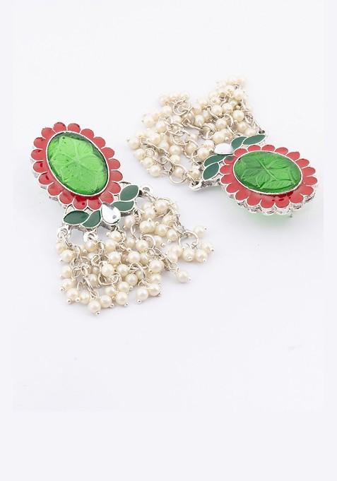 Silver Silver Plated Artificial Stone Studded And Beaded Oval Shaped Drop Earrings