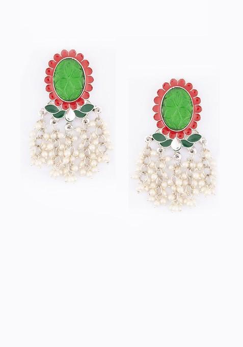 Silver Silver Plated Artificial Stone Studded And Beaded Oval Shaped Drop Earrings