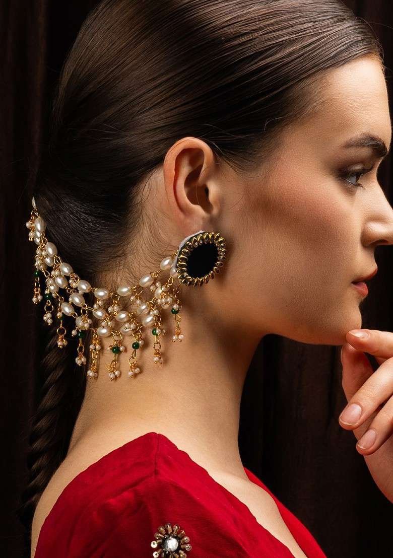Gold Plated Pearls Beaded Contemporary Ear Chain - Indya