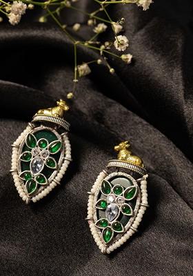 Silver Silver Plated Artificial Stones Studded And Beaded Teardrop Shaped Drop Earrings