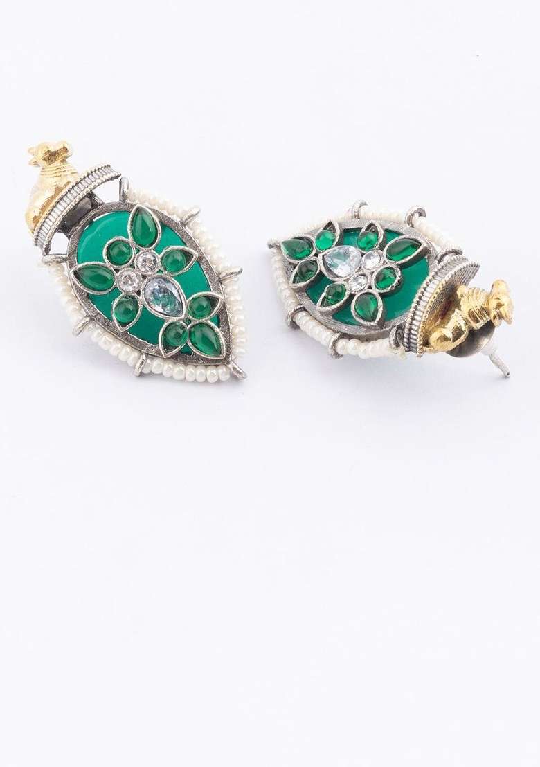 Silver Silver Plated Artificial Stones Studded And Beaded Teardrop Shaped Drop Earrings - Indya