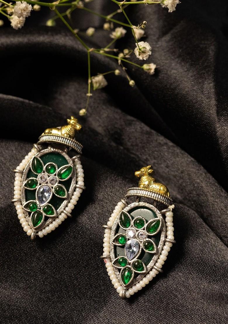 Silver Silver Plated Artificial Stones Studded And Beaded Teardrop Shaped Drop Earrings